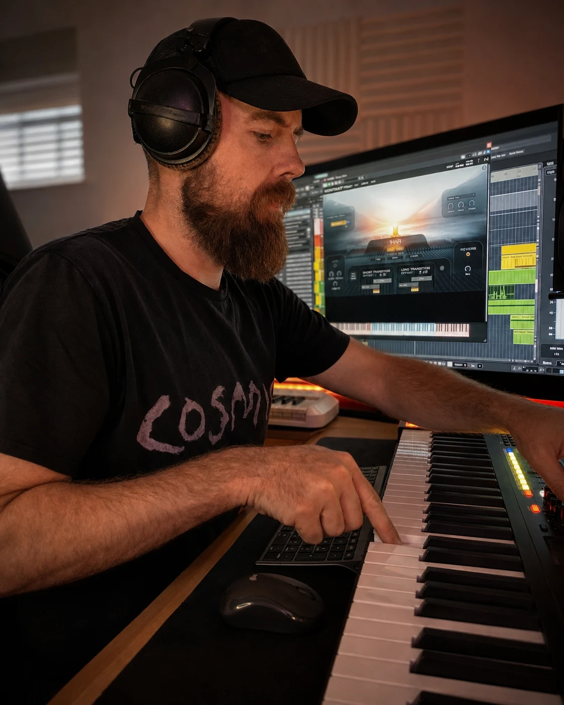 Loïc Leclair composing in his studio, wearing headphones at his keyboard and music workstation.
